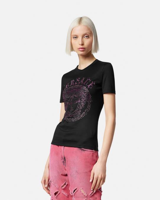 Versace ropa mujer camiseta con logo de medusa y cristales 6BPV153 negro y rosa