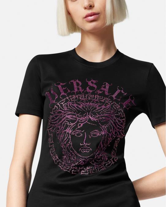 Versace ropa mujer camiseta con logo de medusa y cristales 6BPV153 negro y rosa