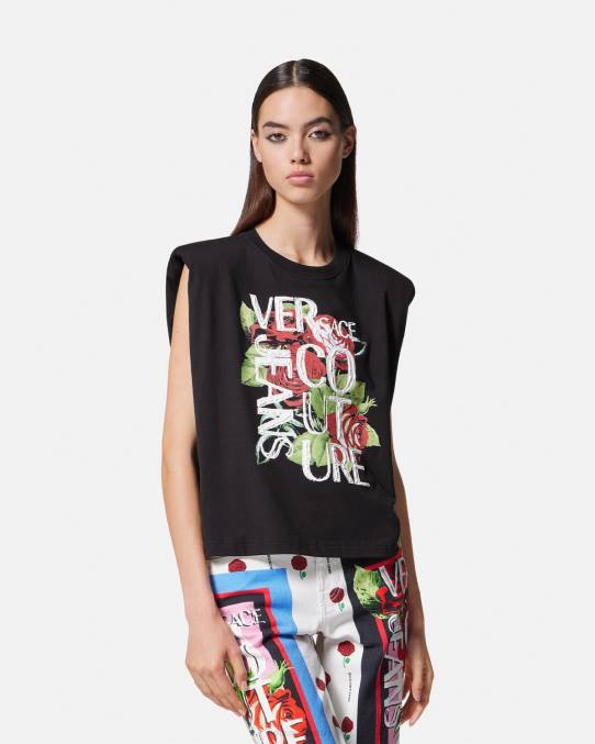 Versace ropa mujer camiseta con logo de rosas 6BPV2174 negro