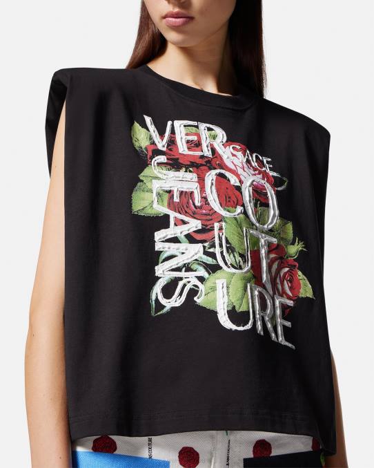 Versace ropa mujer camiseta con logo de rosas 6BPV2174 negro