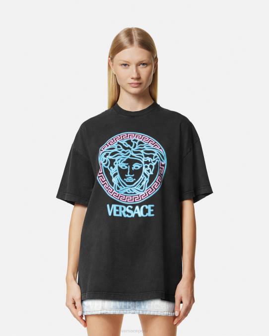 Versace ropa mujer camiseta con logo desgastado de Medusa 6BPV134 negro