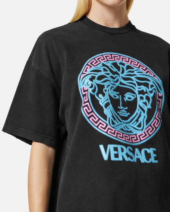 Versace ropa mujer camiseta con logo desgastado de Medusa 6BPV134 negro