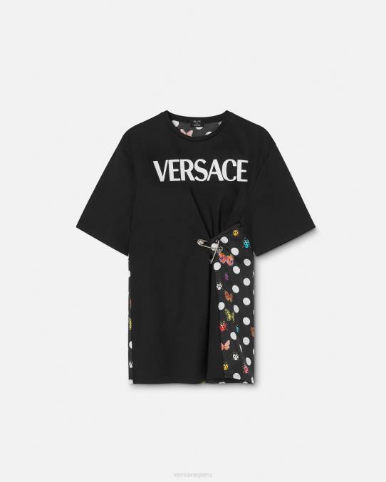 Versace ropa mujer camiseta con logo y mariposas 6BPV131 negro y naranja y rojo