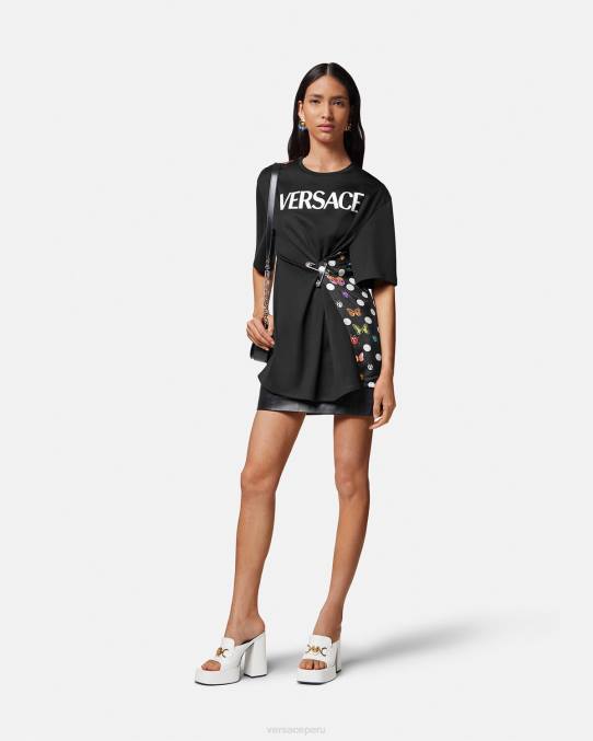 Versace ropa mujer camiseta con logo y mariposas 6BPV131 negro y naranja y rojo