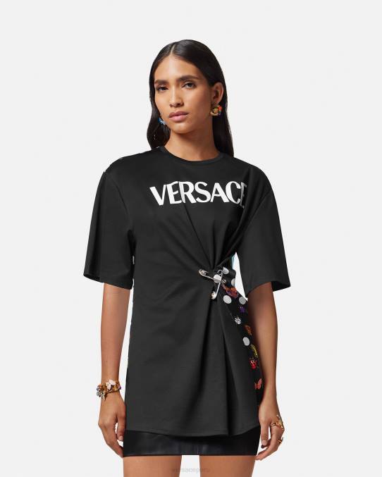 Versace ropa mujer camiseta con logo y mariposas 6BPV131 negro y naranja y rojo