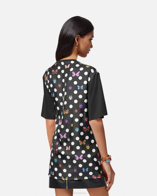 Versace ropa mujer camiseta con logo y mariposas 6BPV131 negro y naranja y rojo