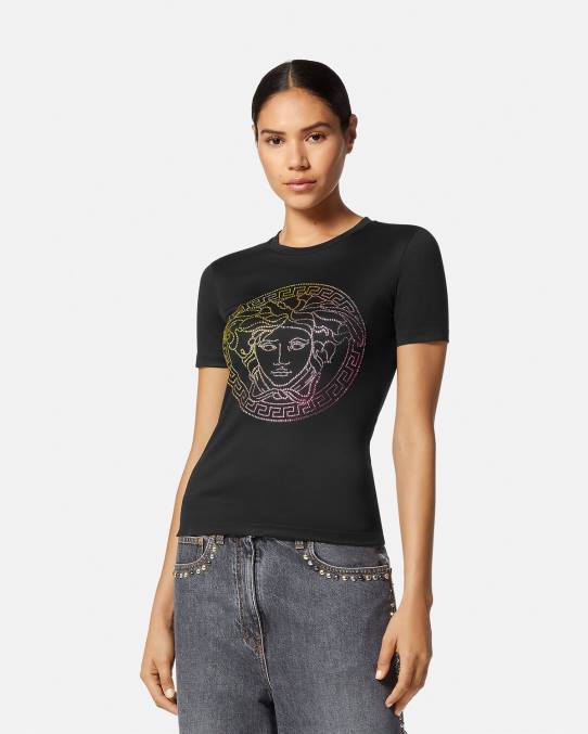 Versace ropa mujer camiseta con medusa de cristal 6BPV141 negro