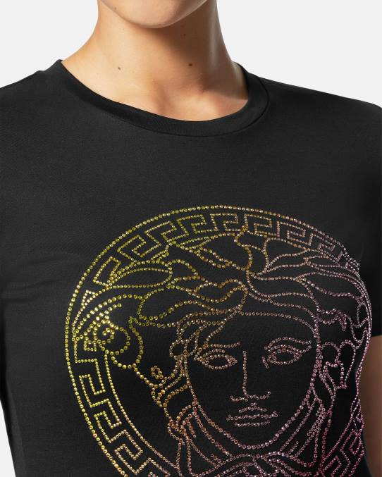 Versace ropa mujer camiseta con medusa de cristal 6BPV141 negro