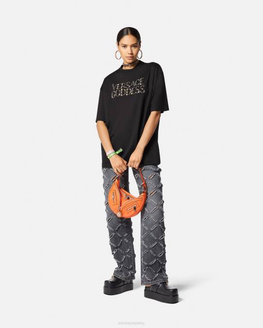 Versace ropa mujer camiseta con tachuelas de diosa 6BPV156 negro
