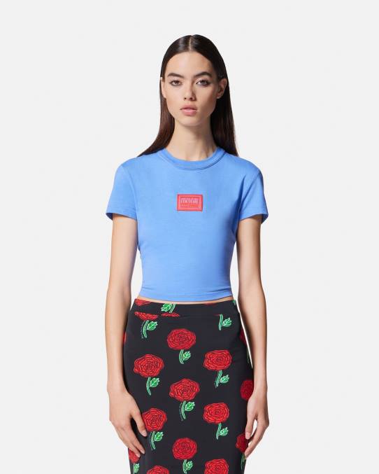 Versace ropa mujer camiseta corta con número de pieza 6BPV2228 azul claro