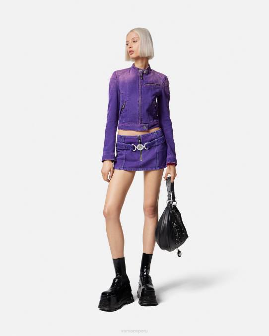 Versace ropa mujer chamarra biker de mezclilla con Medusa 6BPV93 Violeta