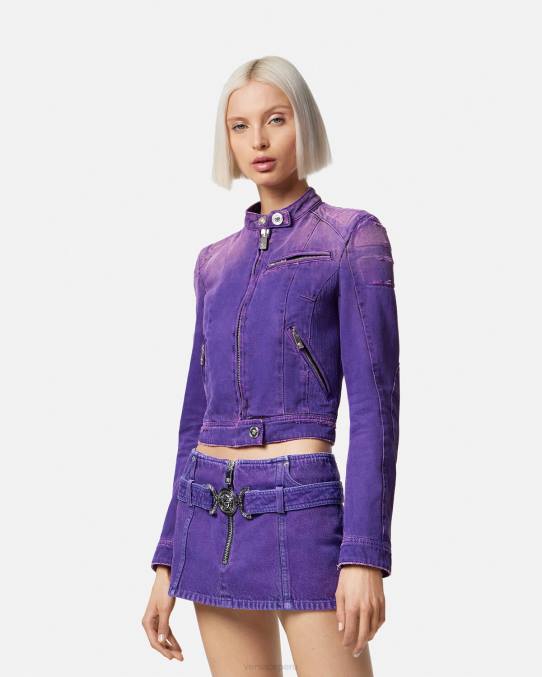 Versace ropa mujer chamarra biker de mezclilla con Medusa 6BPV93 Violeta