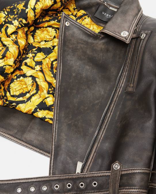 Versace ropa mujer chaqueta de cuero cepillada barroco 6BPV98 gris