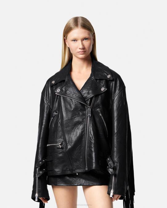 Versace ropa mujer chaqueta de cuero con flecos 6BPV101 negro