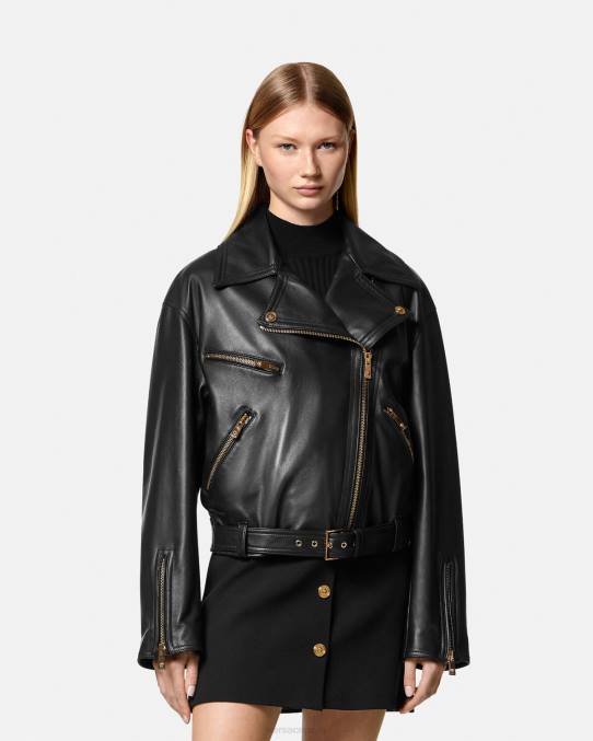 Versace ropa mujer chaqueta motera de cuero con medusa 6BPV86 negro