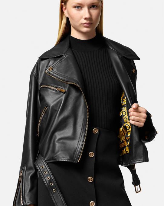 Versace ropa mujer chaqueta motera de cuero con medusa 6BPV86 negro