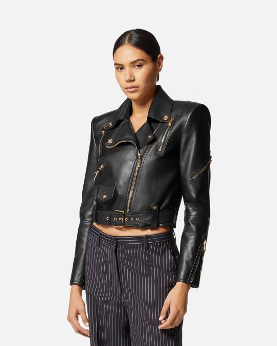 Versace ropa mujer chaqueta motera de cuero con medusa 6BPV89 negro