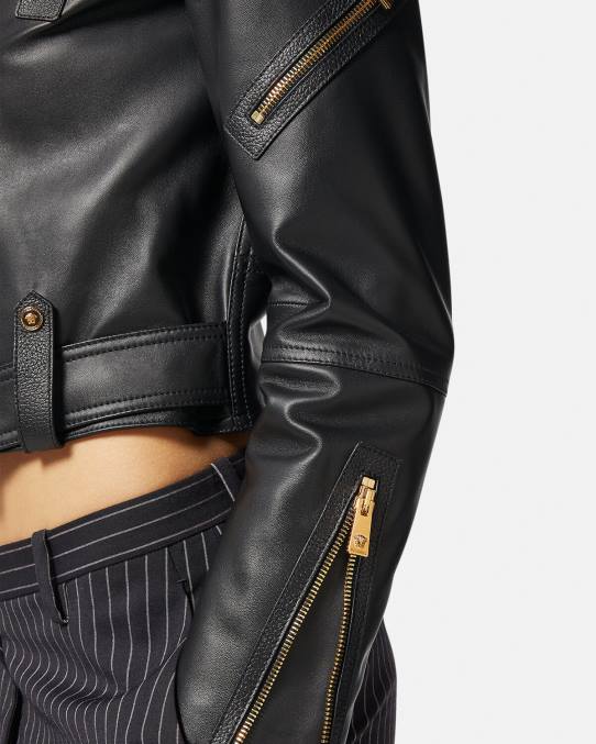 Versace ropa mujer chaqueta motera de cuero con medusa 6BPV89 negro