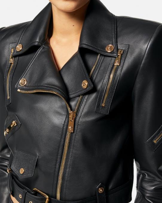 Versace ropa mujer chaqueta motera de cuero con medusa 6BPV89 negro