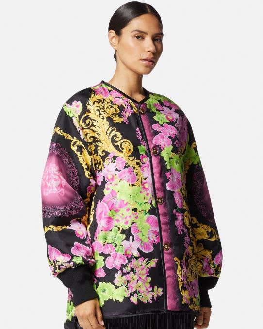Versace ropa mujer chaqueta reversible con orquídeas medusa 6BPV99 negro y estampado