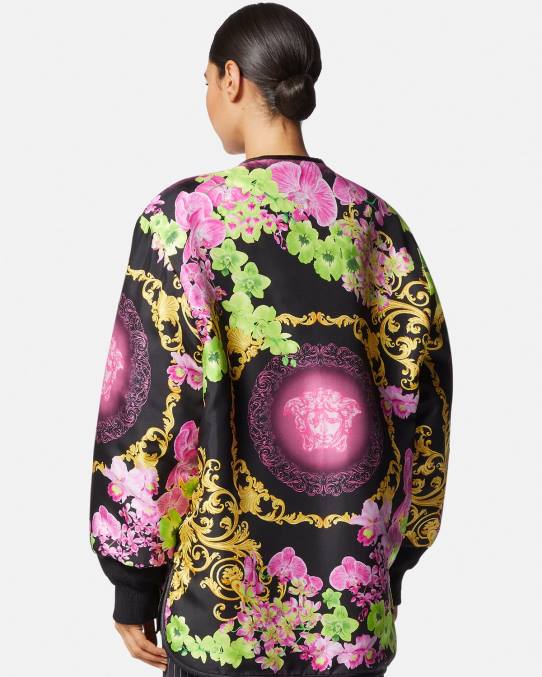 Versace ropa mujer chaqueta reversible con orquídeas medusa 6BPV99 negro y estampado