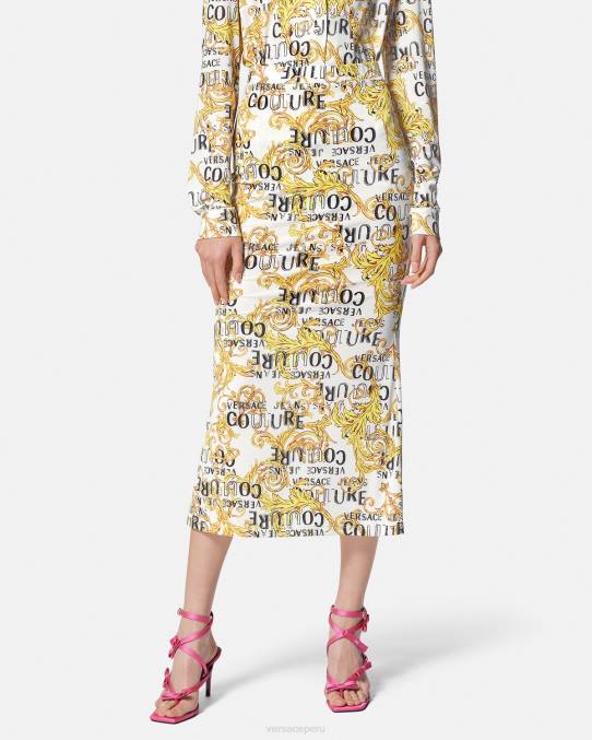 Versace ropa mujer falda midi de alta costura con logo 6BPV2251 oro y blanco