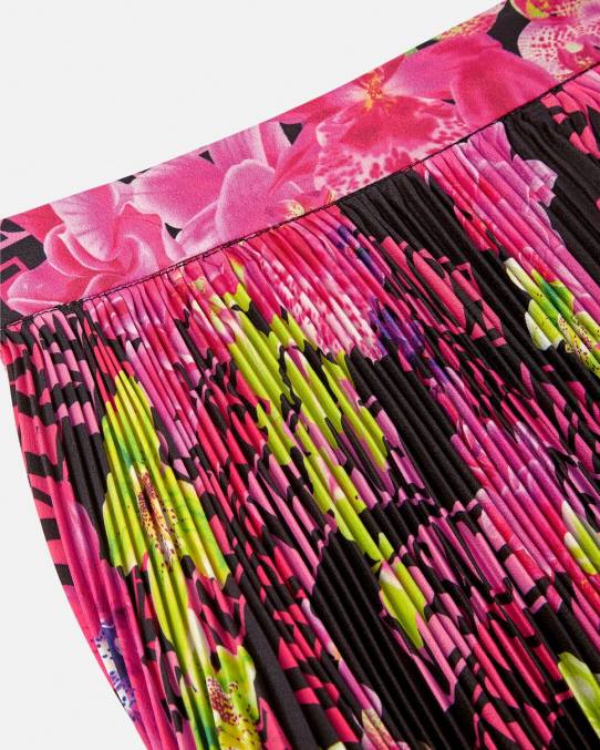 Versace ropa mujer falda plisada con logo orquídea 6BPV183 negro y estampado
