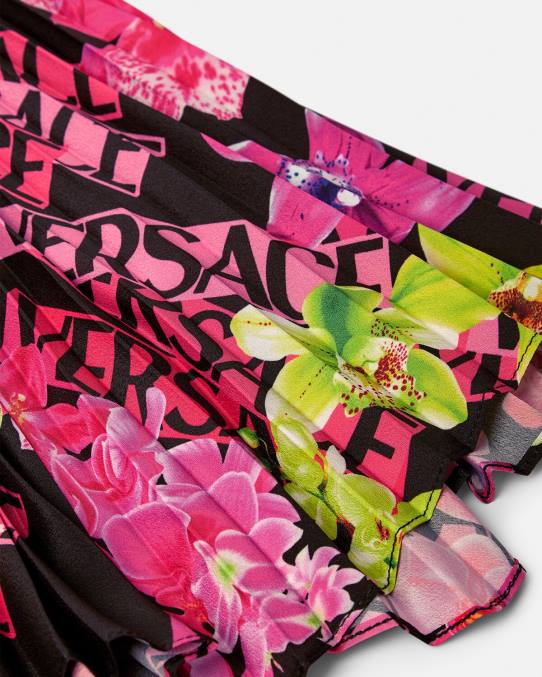 Versace ropa mujer falda plisada con logo orquídea 6BPV183 negro y estampado