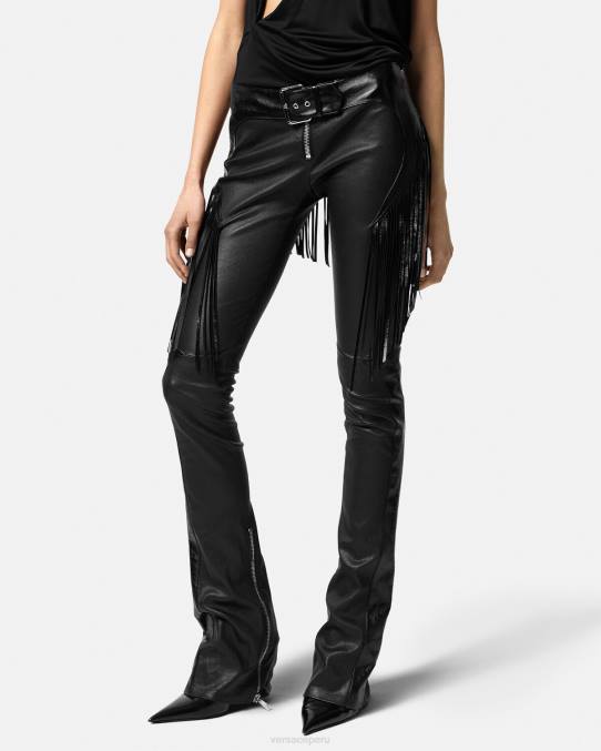 Versace ropa mujer pantalones de cuero con flecos 6BPV223 negro