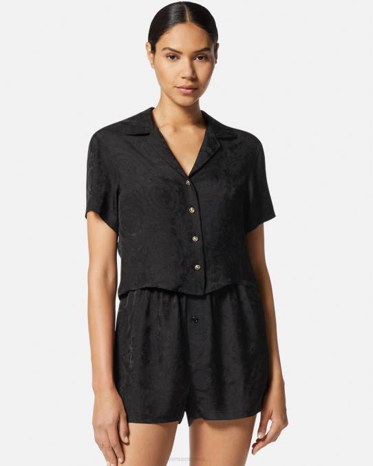 Versace ropa interior y ropa de playa mujer top de pijama corto en jacquard barroco 6BPV1028 negro y gris