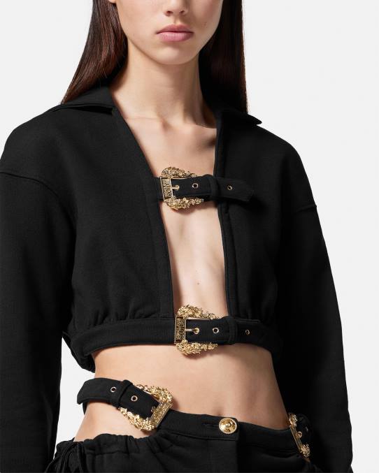 Versace ropa mujer sudadera corta con hebilla barroca 6BPV2229 negro