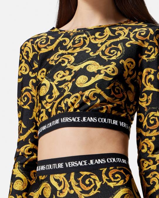 Versace ropa mujer top corto de alta costura con boceto 6BPV2167 oro negro