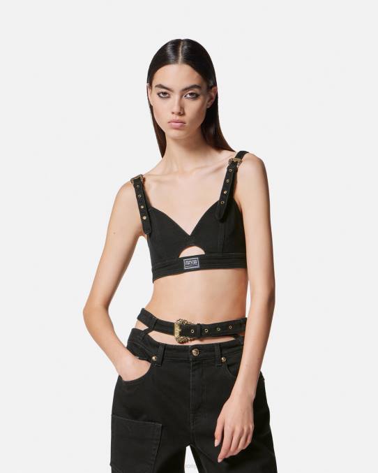 Versace ropa mujer top corto de mezclilla con hebilla barroca 6BPV2145 negro
