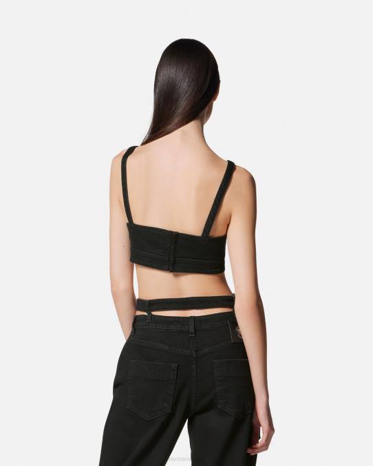 Versace ropa mujer top corto de mezclilla con hebilla barroca 6BPV2145 negro