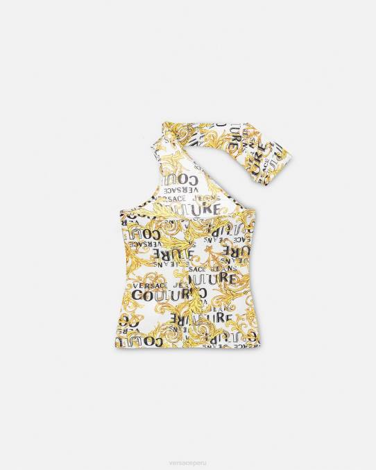 Versace ropa mujer top de un solo hombro con logo de alta costura 6BPV2205 oro y blanco