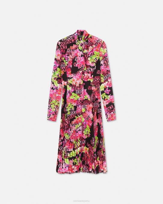 Versace ropa mujer vestido camisero midi con logo y orquídeas 6BPV68 negro y estampado