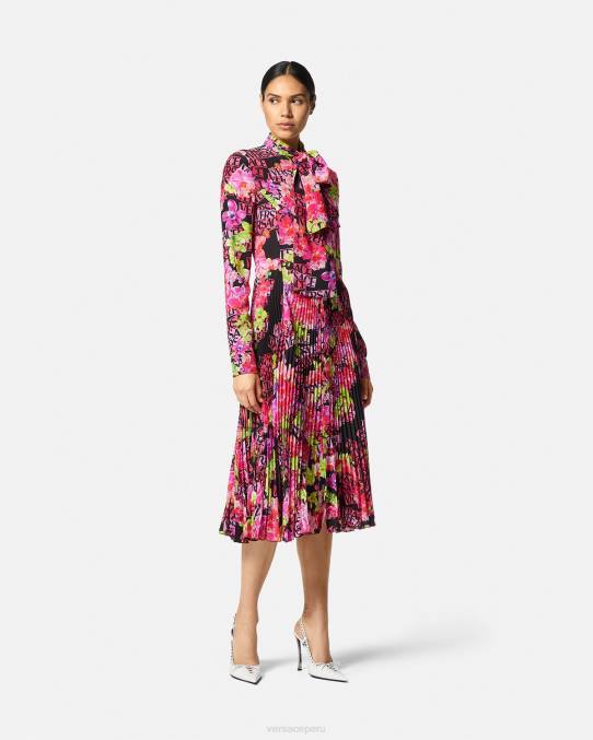 Versace ropa mujer vestido camisero midi con logo y orquídeas 6BPV68 negro y estampado