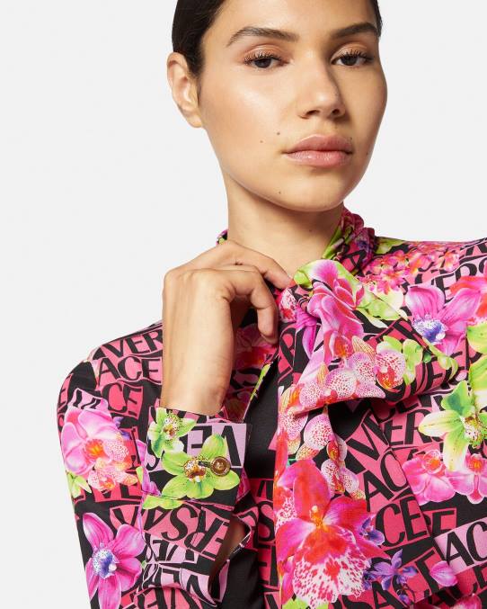 Versace ropa mujer vestido camisero midi con logo y orquídeas 6BPV68 negro y estampado