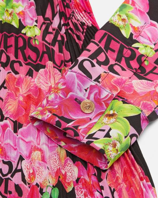 Versace ropa mujer vestido camisero midi con logo y orquídeas 6BPV68 negro y estampado