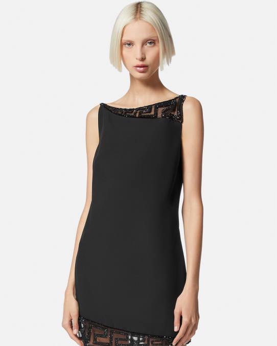 Versace ropa mujer vestido corto con detalles de Greca y cristales 6BPV37 negro