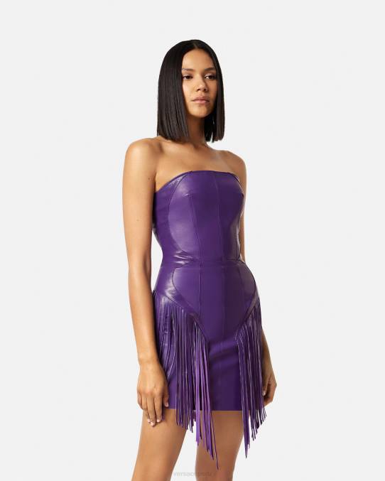 Versace ropa mujer vestido corto de cuero con flecos 6BPV73 Violeta