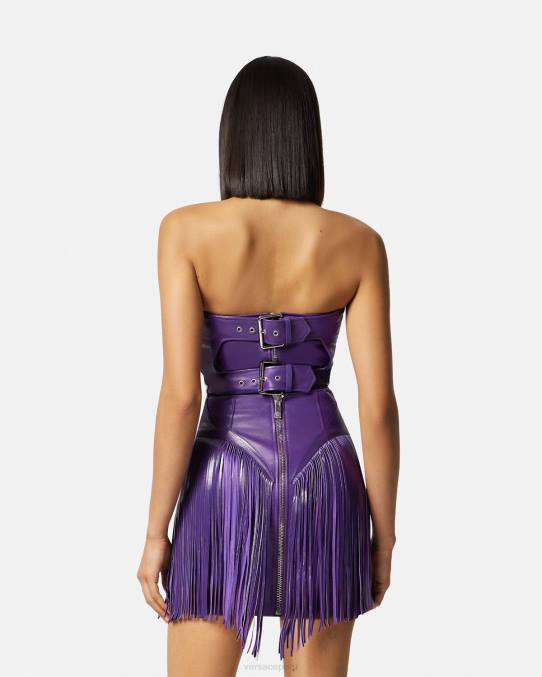 Versace ropa mujer vestido corto de cuero con flecos 6BPV73 Violeta