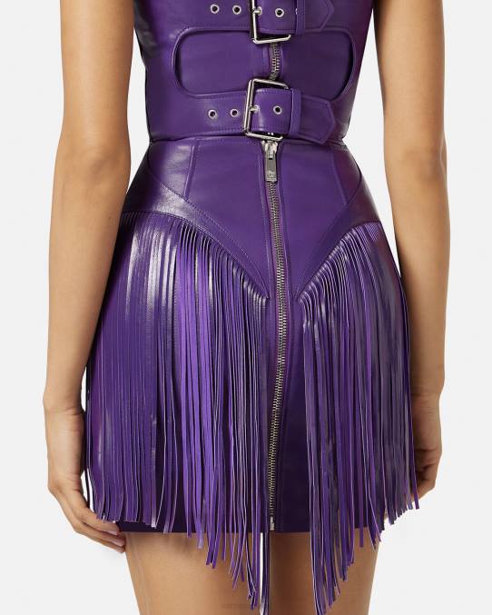 Versace ropa mujer vestido corto de cuero con flecos 6BPV73 Violeta