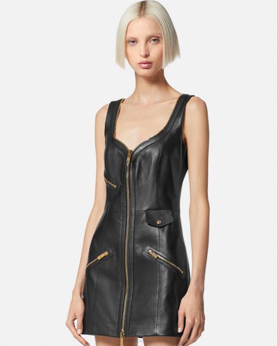 Versace ropa mujer vestido corto de cuero estilo motero 6BPV67 negro