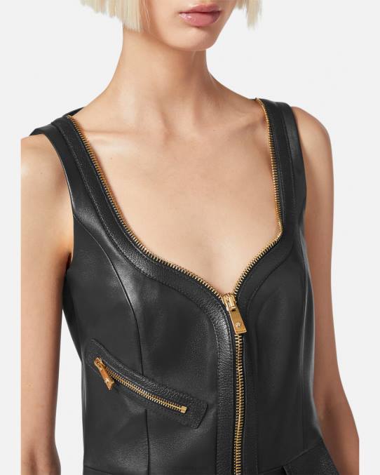 Versace ropa mujer vestido corto de cuero estilo motero 6BPV67 negro