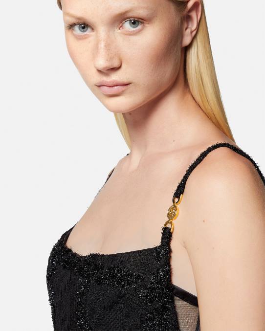 Versace ropa mujer vestido corto de tweed con pinchos y medusa 6BPV77 negro