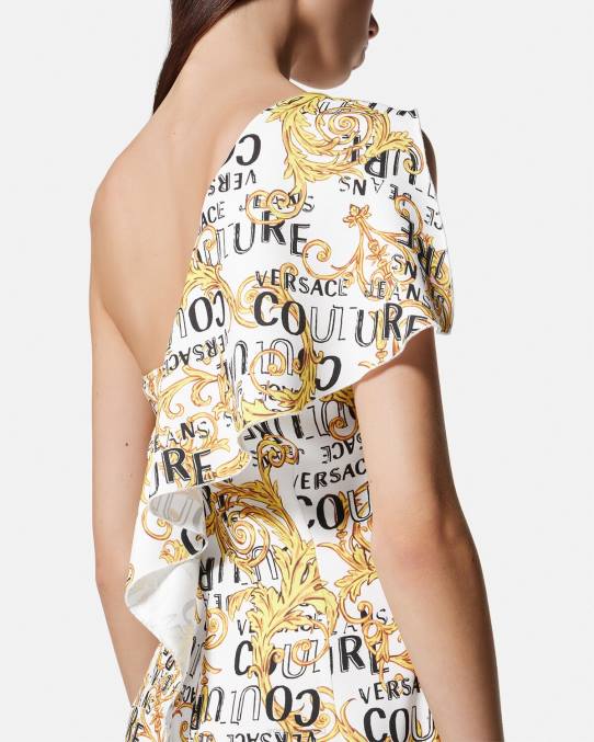 Versace ropa mujer vestido de alta costura con logo y un solo hombro 6BPV2186 oro y blanco