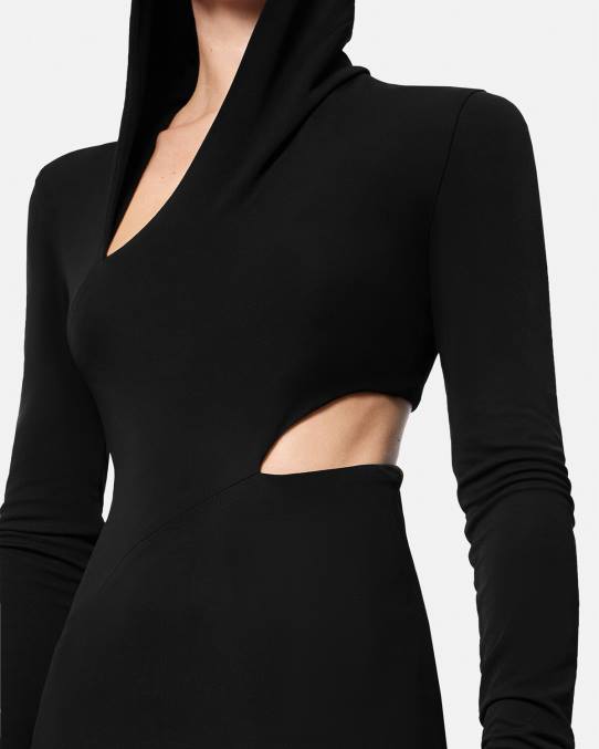 Versace ropa mujer vestido largo con capucha y cortes 6BPV52 negro