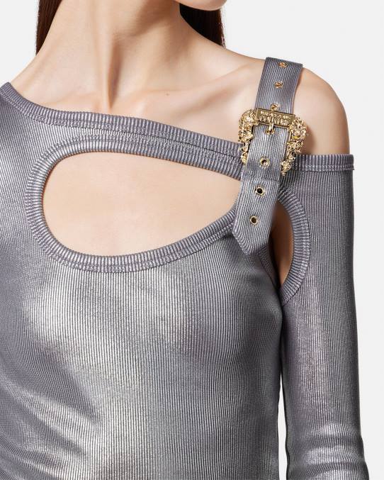 Versace ropa mujer vestido midi con abertura y hebilla barroca 6BPV2196 plata