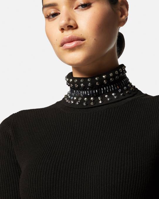 Versace ropa mujer vestido midi de punto con cuello alto y picos 6BPV71 negro